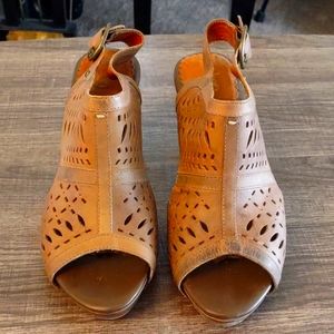 Cutout Open Toe Leather Upper Heels, Size 7